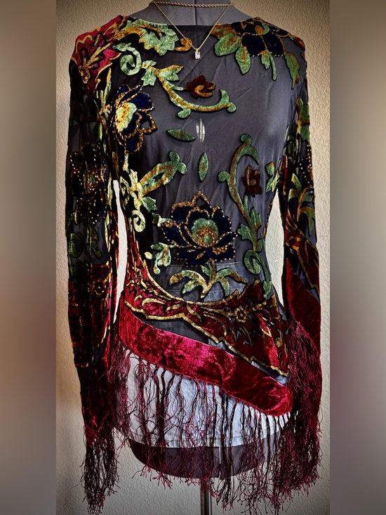 Vintage Tops - 🤍Vintage Silk Fringe Beaded Patchwork Blouse Asymmetrical Top M